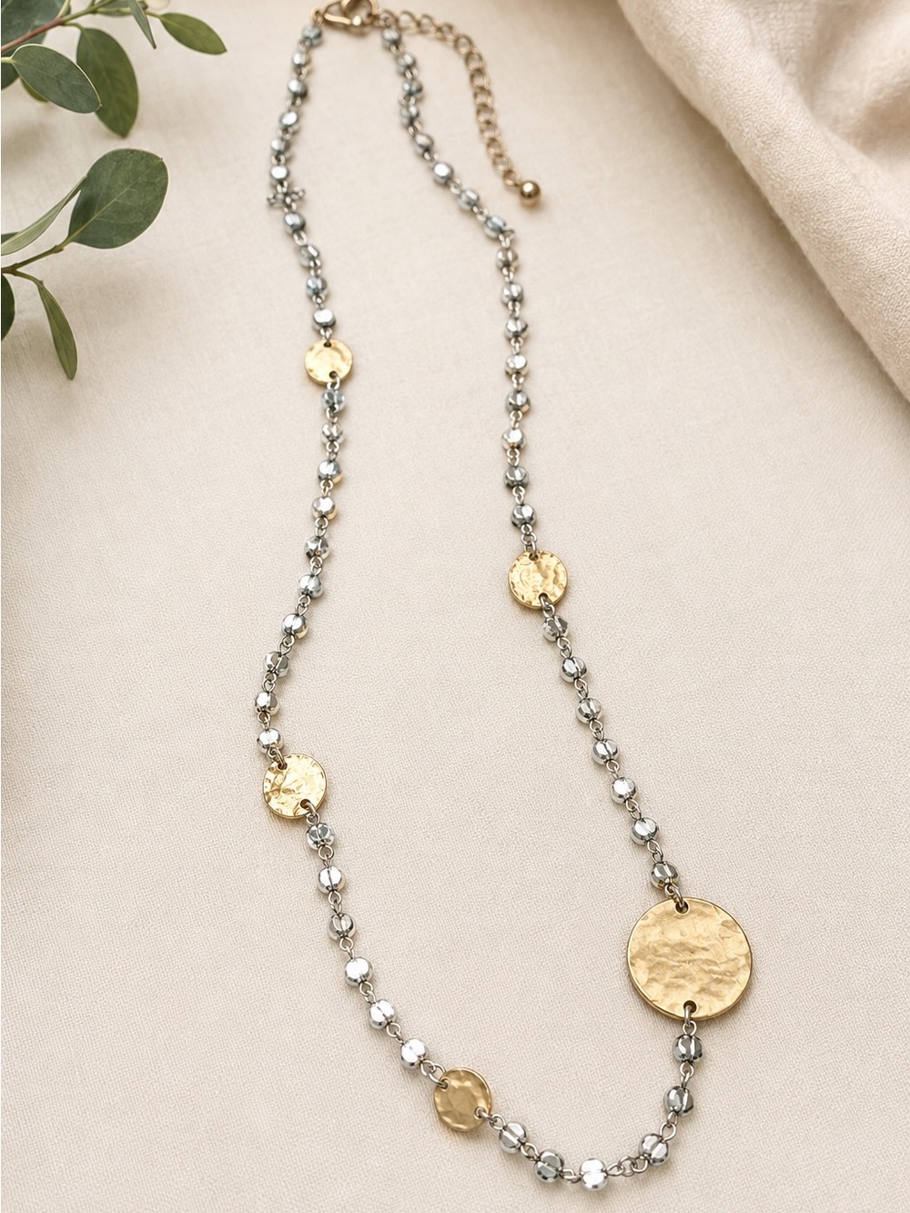Chico’s Long Two-Tone Hammered Gold Disc Silver Station Necklace. Excellent! - Picture 2 of 3